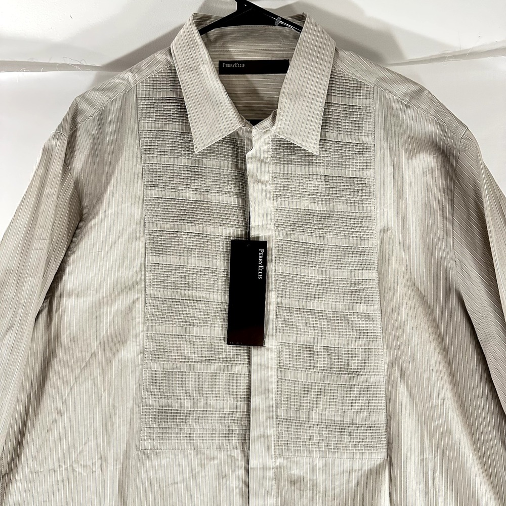 NWT Perry Ellis Hidden Placket Shirt‎ Berkshires Silver Lining XL Long Sleeve